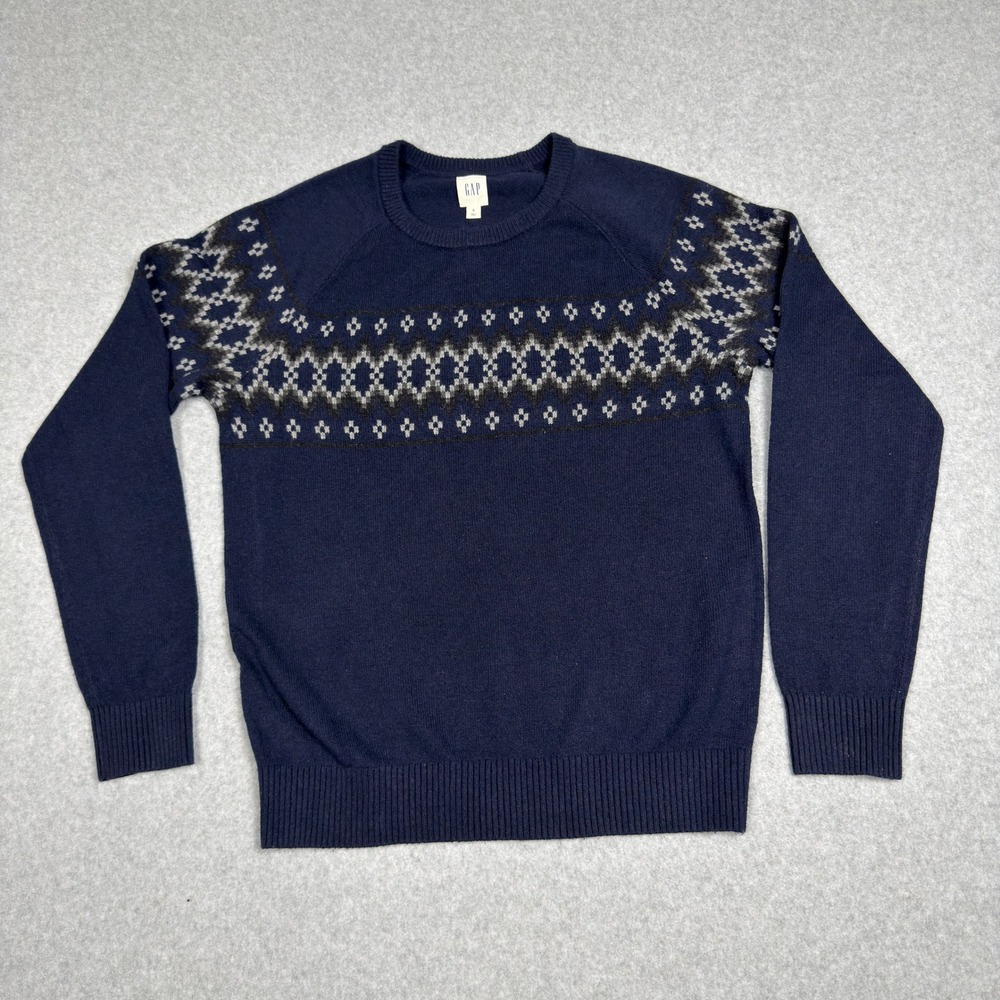 GAP Men Fair Isle Crewneck Sweater Navy Blue Merino Wool Blend Size M Preppy